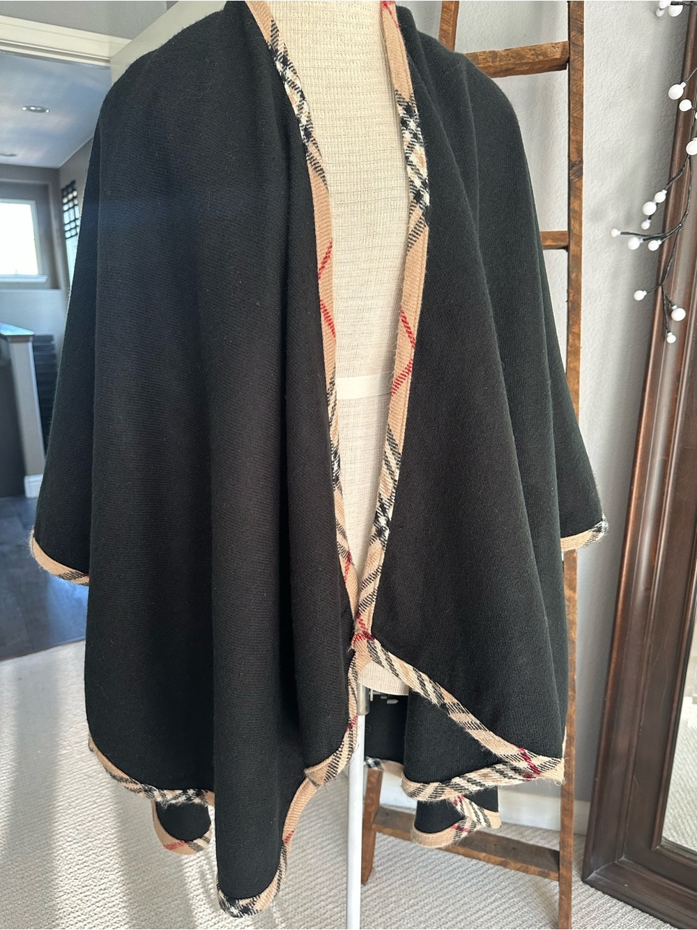 Lord & Taylor oversized knit cape with plaid trim